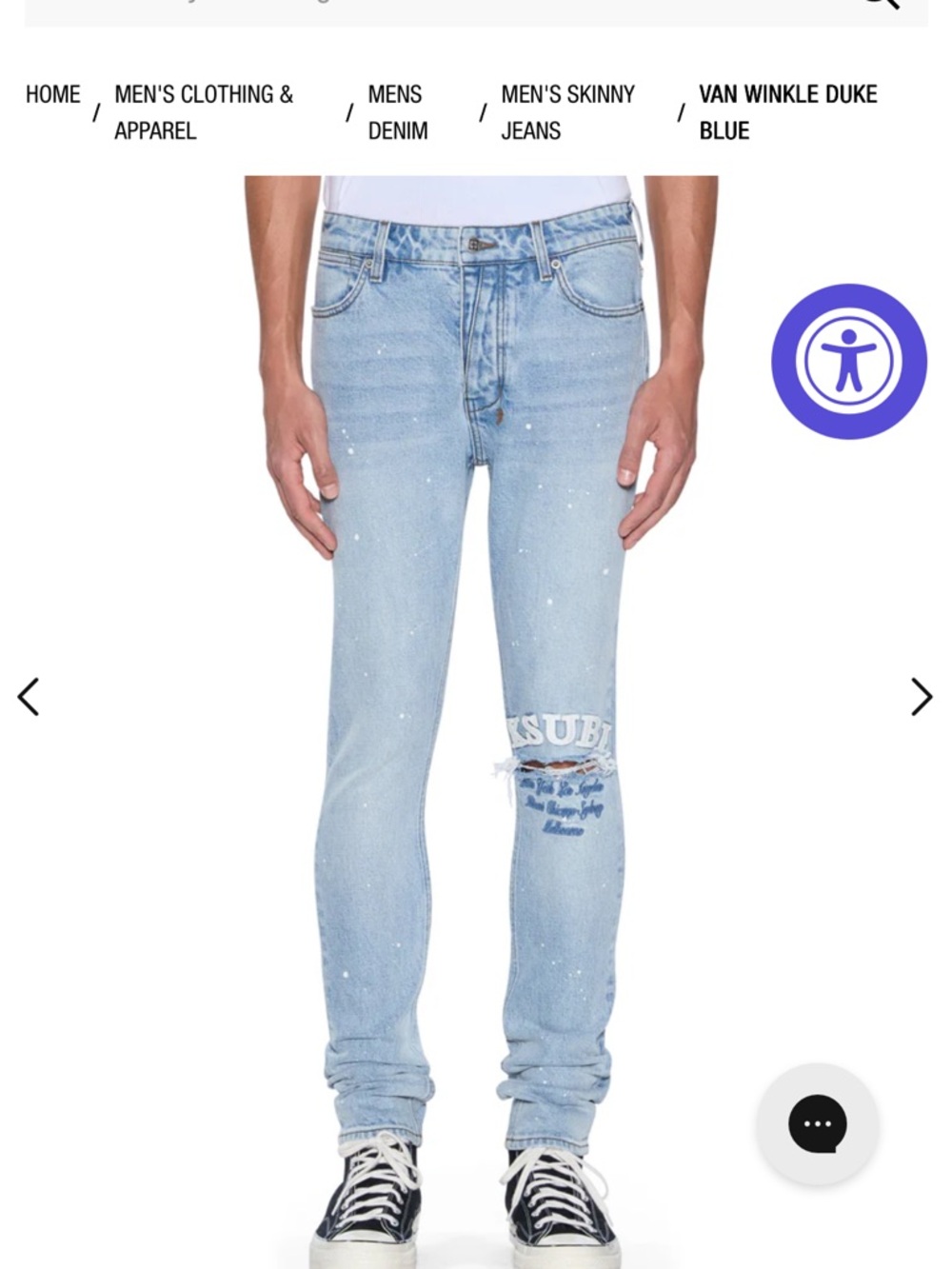 Ksubi Light Blue Skinny Jeans with Knee Patch & Paint Detail